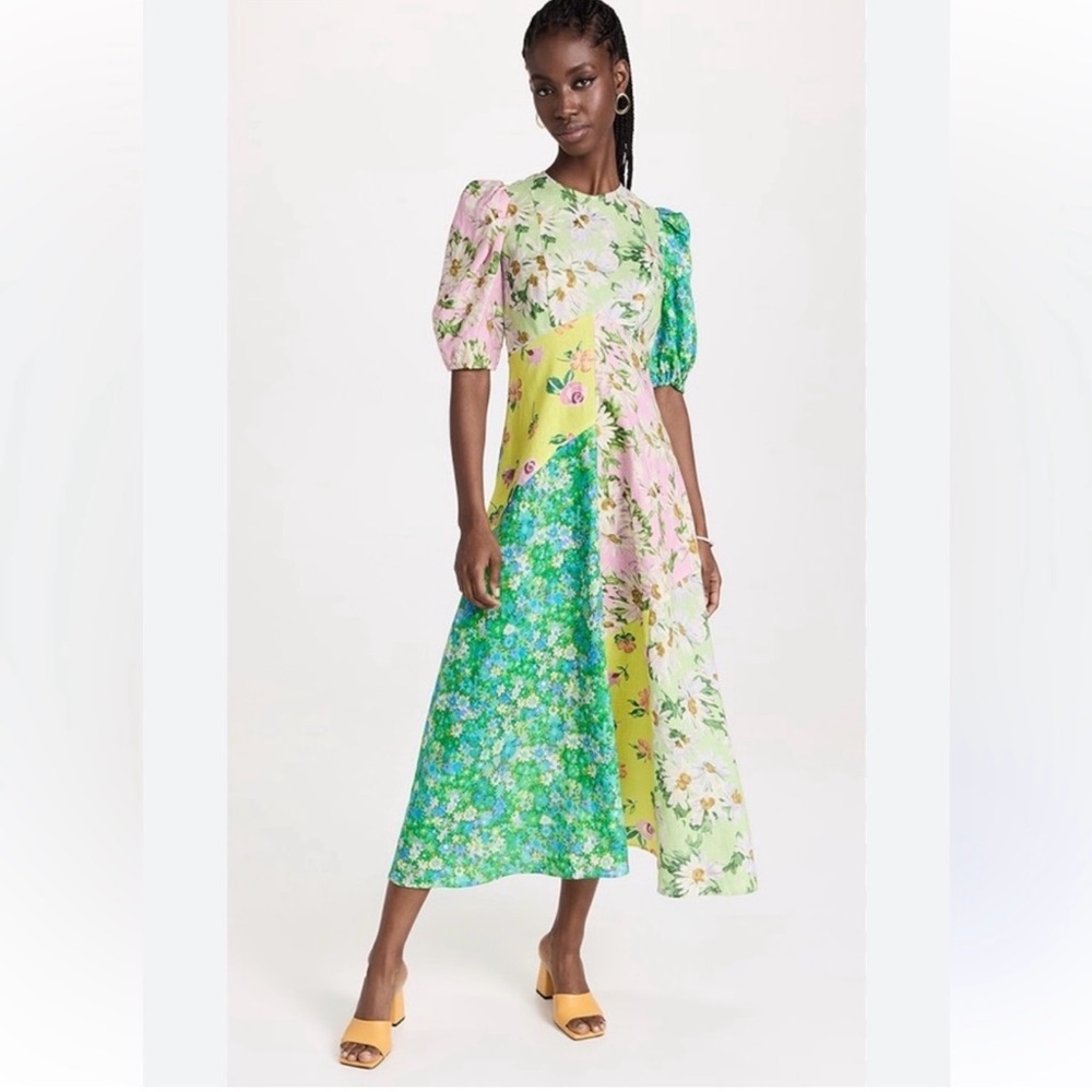 NWT Alemais Multi-Panel Floral Midi Dress in Pink, Green & Yellow